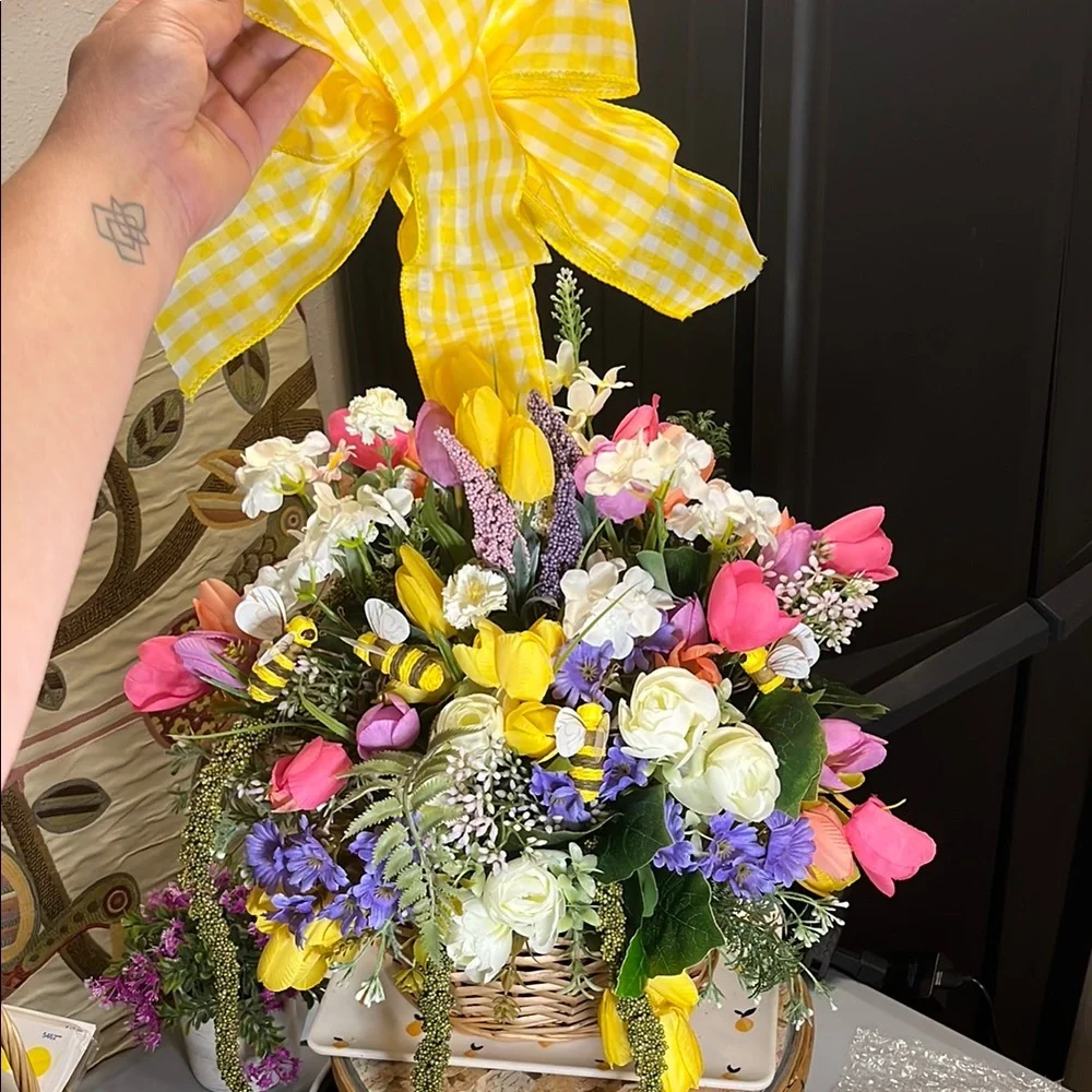Handmade Floral Basket Door Hanger with honeybee accents